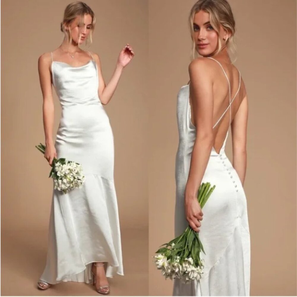 ELLIATT Aisle White Satin Cowl Neck Maxi Dress Slip Size Small